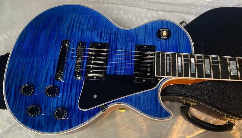 NEW! Gibson Dealer Select Custom Shop Les Paul Custom AAA Figured Flame Top - Transparent Blue / Natural Back - Authorized Dealer - WOW! 8.9 lbs - G06607